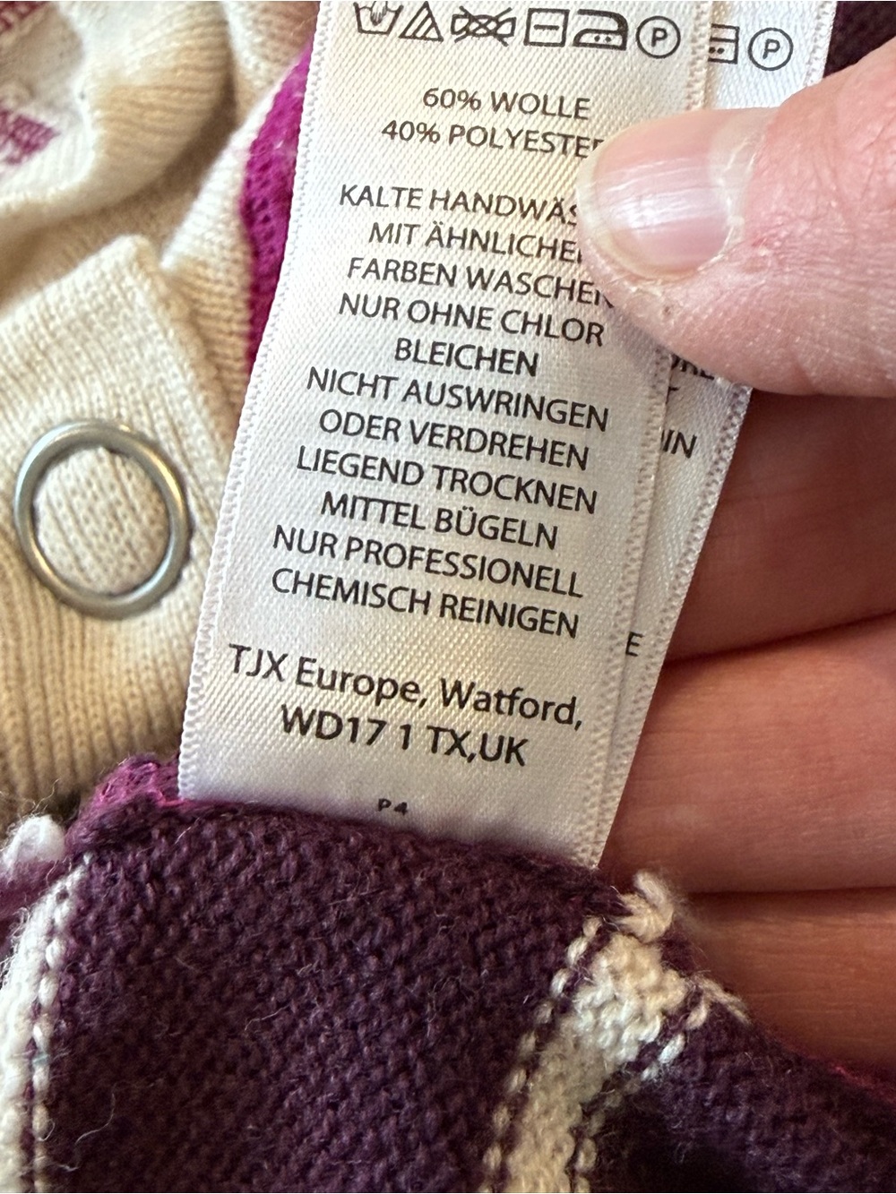 DAKINI Wool Blend Striped Asymmetric Button Collar Sweater Cream Purple Size Med - Picture 9 of 9
